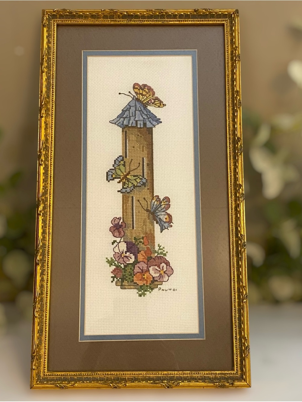 Vintage Needlepoint Butterflies Floral Gold Frame Glass